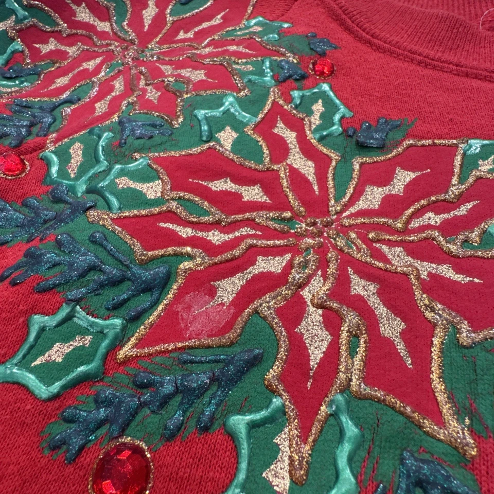 Sudadera De Colección Años 90 Y2K FEA Vacaciones Pintura Poinsettia Puff y Joyas Hecha en EE. UU. Foto 2 de 4