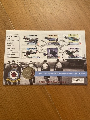 2000 Guernsey Battle of Britain FDC 50p Coin Flown Cover Hurricane (38031)