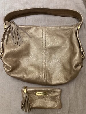 SET ELLIOTT LUCCA Gold Leather Braided Strap Hobo Purse w Tassel PLUS Makeup Bag
