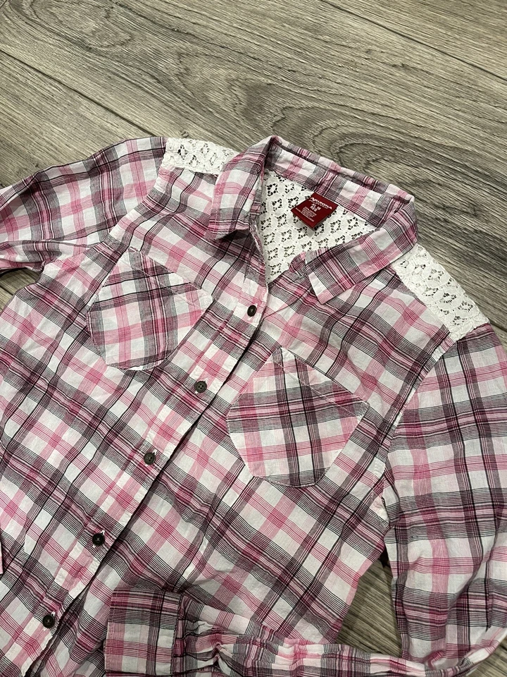 Arizona Jean Niñas XL 18 Top Camisa a Cuadros Rosa Blanco Encaje Largo SL Western 2055 Foto 2 de 4