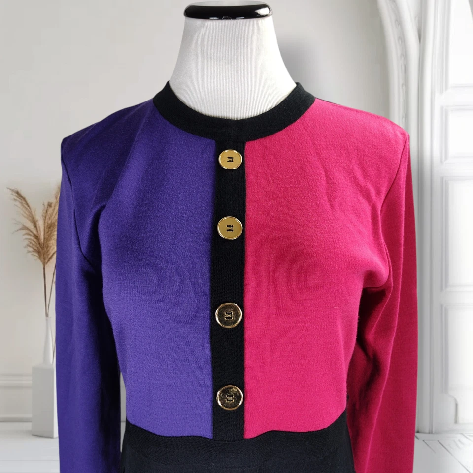 Vestido Vintage Años 80 Liz Claiborne Colorblock Talla M Acrílico Lana Tejido Midi Carrera Foto 2 de 4