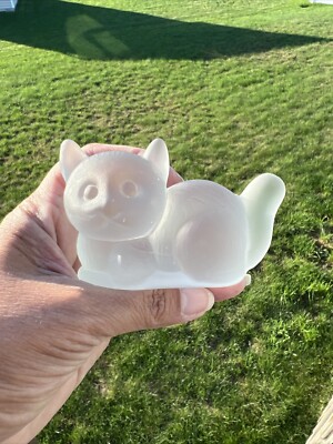 Vintage Frosted Glass Cat Figurine Paperweight Satin Kitten Statue 80's Taiwan
