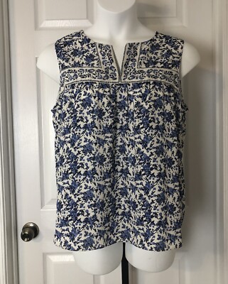 Tabitha Webb Sleeveless Top Womens Large Blue Floral Design Split V-Neck