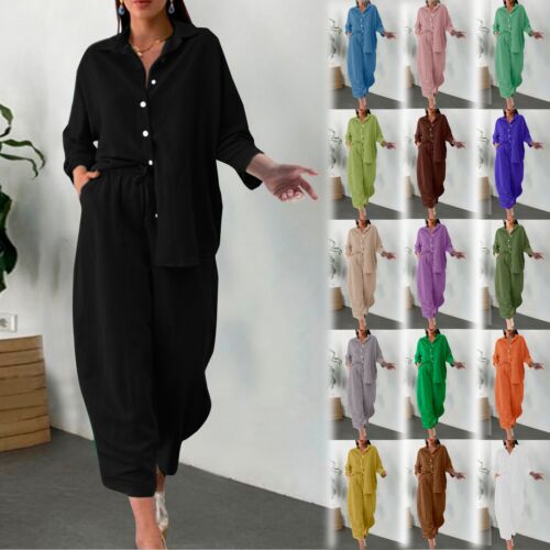 Women 2 Piece Outfits Plus Size Cotton Linen Long Sleeve Button Shirt Tops Pants