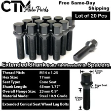 20x BMW Mini Black 14x1.25  Extended Lug Bolt 45mm Shank For 15-20mm Spacer Rim