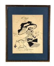 Jean Mastrojohn Signed Smurf Style Lifeguard Pen Ink Drawing Framed 1981