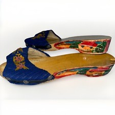Vintage 1940s Philippines Carved Wood Wedge Shoes Womens Folk Art Peep Toe 6 Rar