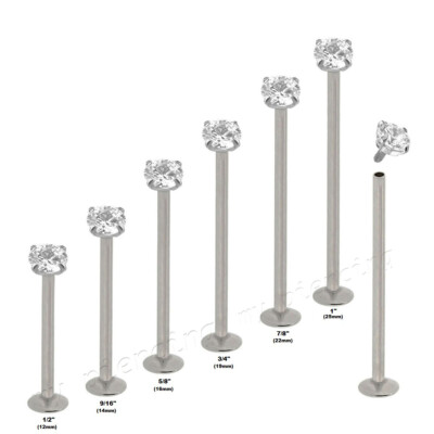 PAIR 16G CZ Prong Set Surgical Steel Labret EXTRA LONG SIZES Cheek Piercing