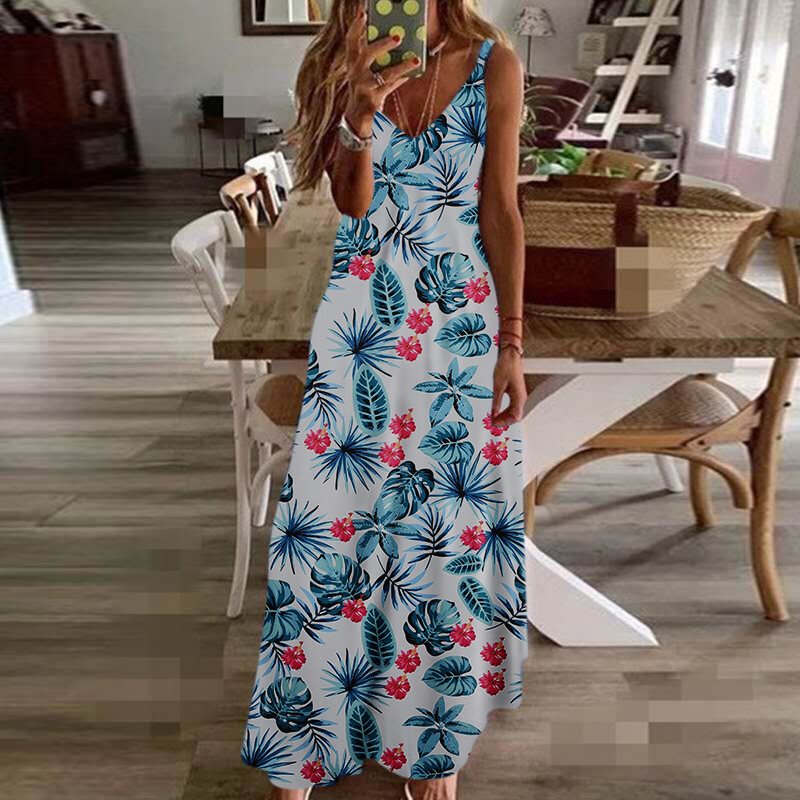 chinese dress ladies Sleeveless Spaghetti Strap Long Dress  Boho A-Line Mid-Calf Dress in Blue | Women's Boho Fashion | M