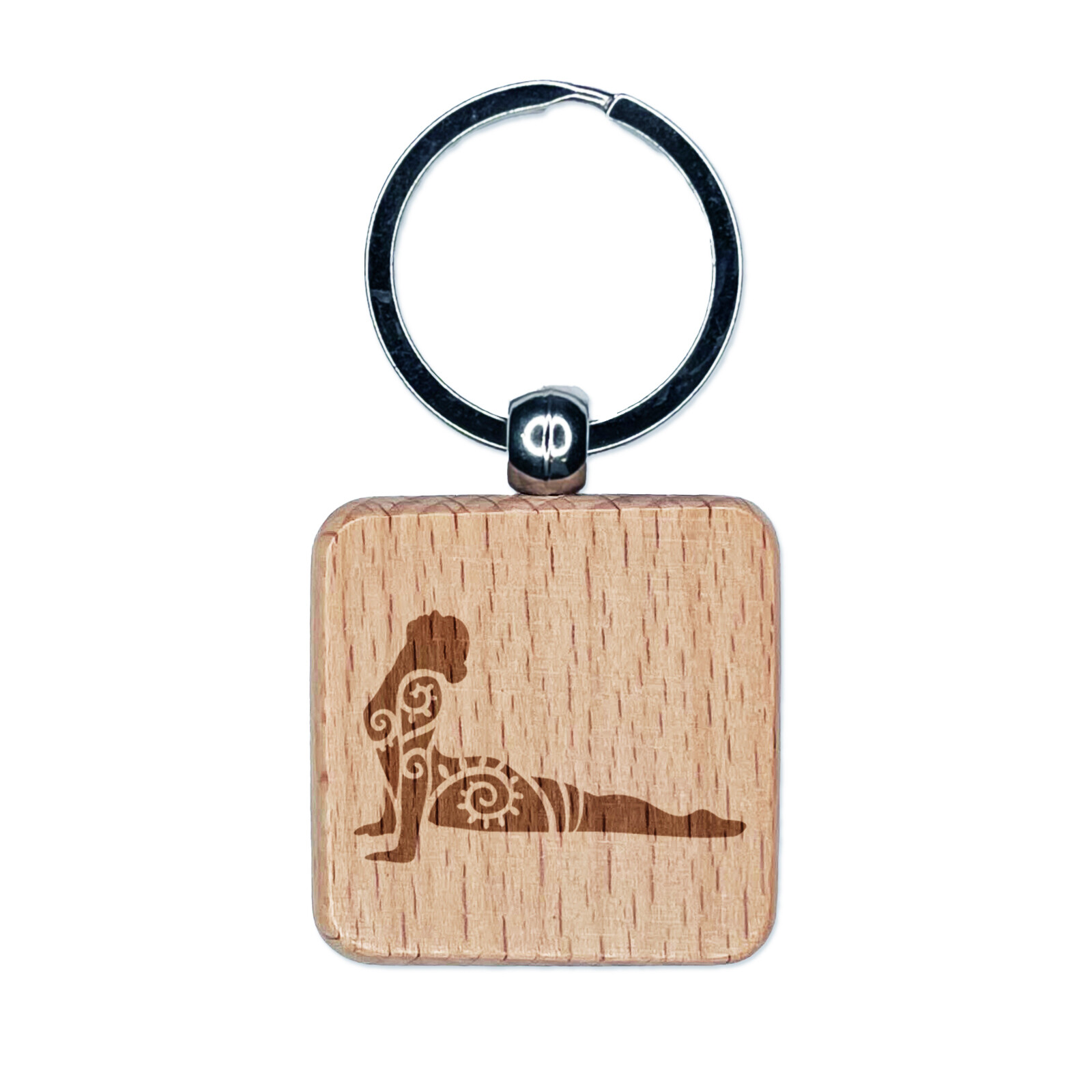 Yoga Pose Bhujanasana Cobra Pose Engraved Wood Square Keychain Tag Charm