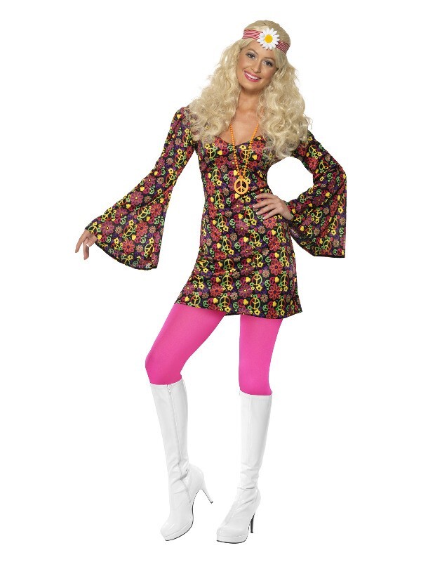 Ladies 1960s Hippy Girl Costume CND Flower Power Groovy Hippie Woman Fancy Dress