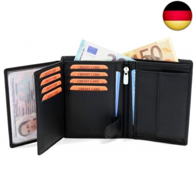 Schwarze Ledergeldbörse aus echtem Leder in Hochformat