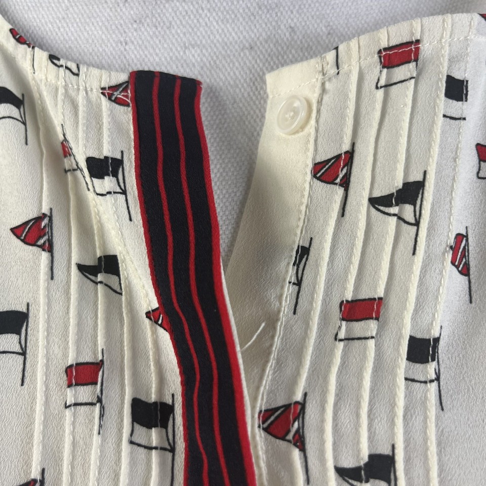 Talbots Blouse size 14 Ivory Black Red Flags Sailor Nautical Ocean USA