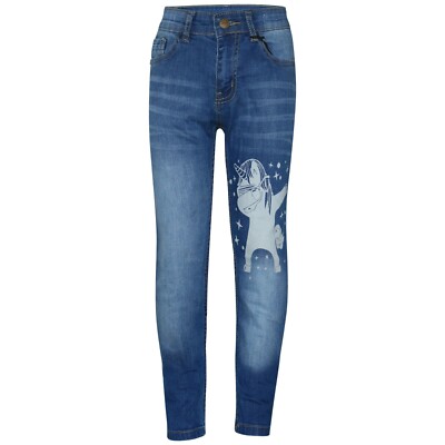 Kids Girls Light Blue Jeans Unicorn Dab Floss Denim Stretchy Pants Trouser 5-1