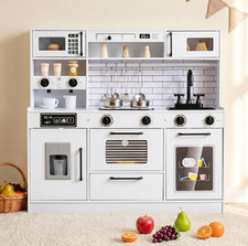 Kids Kitchen Playset, Wooden Pretend Play Kitchen with Realistic Light Sound, To