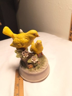 Vintage Music Box With 1 pair of Yellow Canaries  Made Of Bisque Porcelain 1989