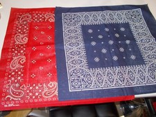 Lot of 2- VTG. Blue  Red Paisley Bandanas 100 Cotton 21" X 21" Color Fast