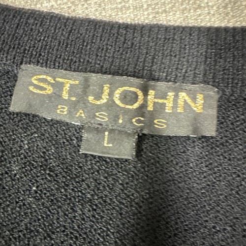 St. John Basics L Black Santana Knit Short Sleeve Sweater Scoop Neck Flaws (h) - Picture 6 of 11