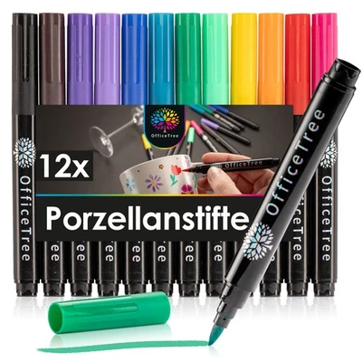 OfficeTree 12 x Porzellanstifte Spülmaschinenfest - 12 Farben - mit Pinselspitze