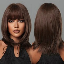 Straight Dress Up Wigs With Bangs Dark brown Heat Resistant Synthetic Hair Soft