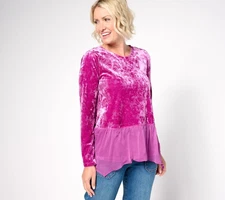 LOGO by Lori Goldstein Crushed Velvet Top with Chiffon Hem Vivid Purple L New