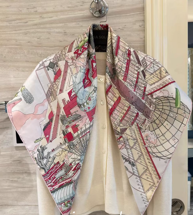Pure 18 Momme Silk Wrap Scarf Bandanna Red palace Print Square Shawl 86X86cm NEW