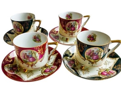 Vintage Royal Sealy 8 Pc Footed Cup & Saucer Set Japan Fragonard Love Story