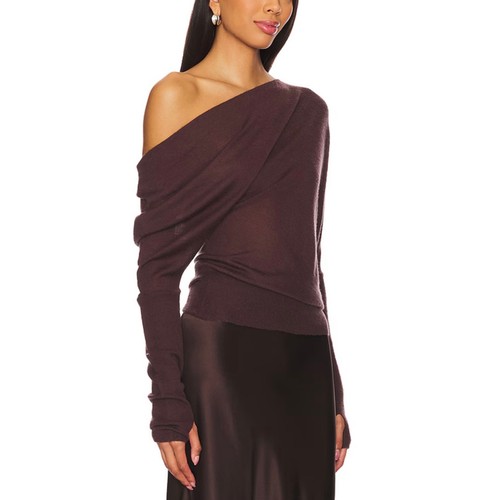 ENZA COSTA Tissue Cashmere Slouch Sweater Women Small Brown Asymmetric Shoulder - Picture 2 of 19
