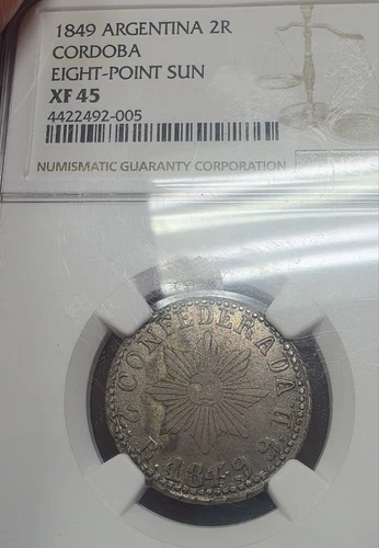 1849 Argentina 2 reales Cordoba NGC Xf45 Look 10 Grades Higher  , 8 Point Sun