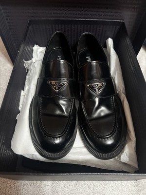 Prada Leather Triangle Logo Loafers Size 9 Men Black With Box