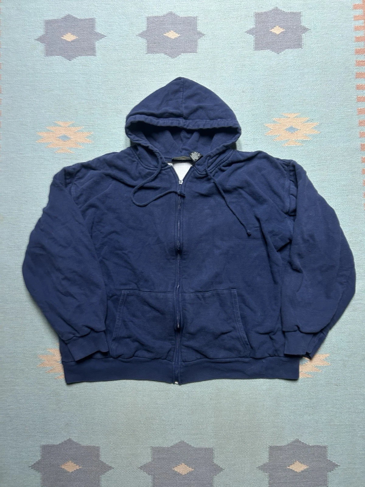 Vintage waffle knit thermal lined hoodie sweatshirt navy blue double face XL