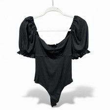 ASTR The Label Puff-Sleeve Ribbed Bodysuit   Black   Size M
