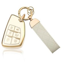 TPU Key Fob Cover with Leather Keychain, Compatible 6 Button White, Keychain