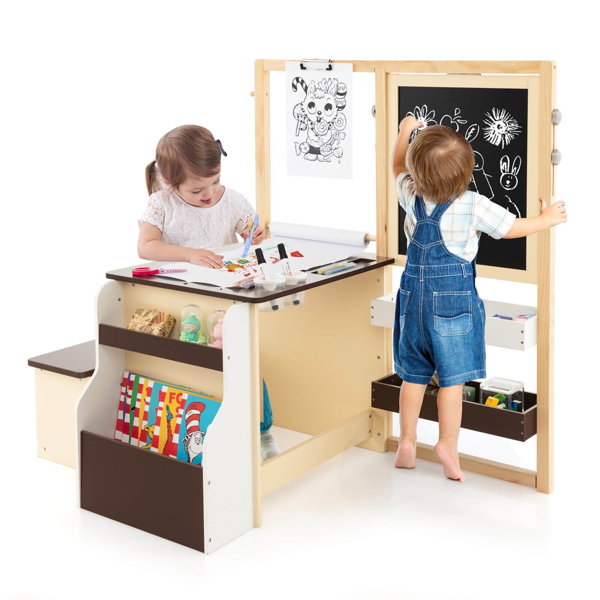 Kids Art Desk Easel & Bench Set w/ Storage Adjustable Double