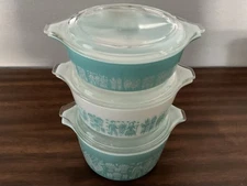 Vintage PYREX Turquoise Amish BUTTERPRINT Casserole Set 471, 472, 473 with Lids