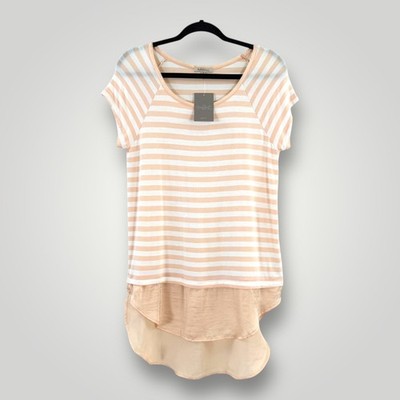 NEW Anthropologie Bordeaux Shirt Womens S Nude Beige Striped High Low Hem Layer
