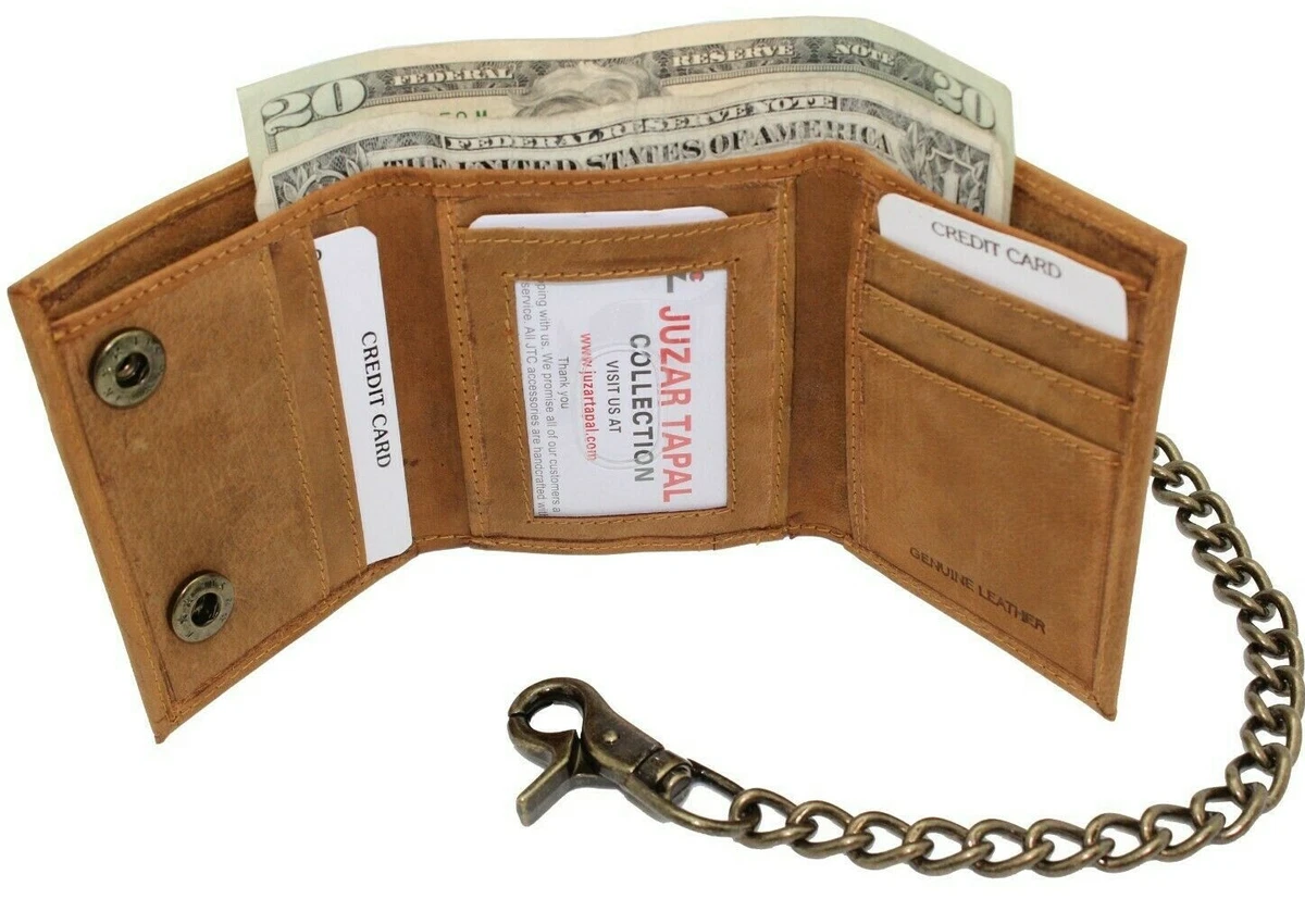 Chain Wallet for Men Trifold RFID safe Leather Snap Closed Stainless B