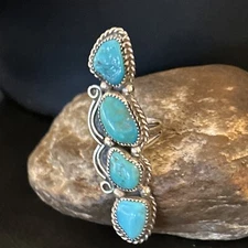 Womens Blue Kingman Turquoise Navajo Sterling Silver 4 Stone Ring Size 8.5 14491