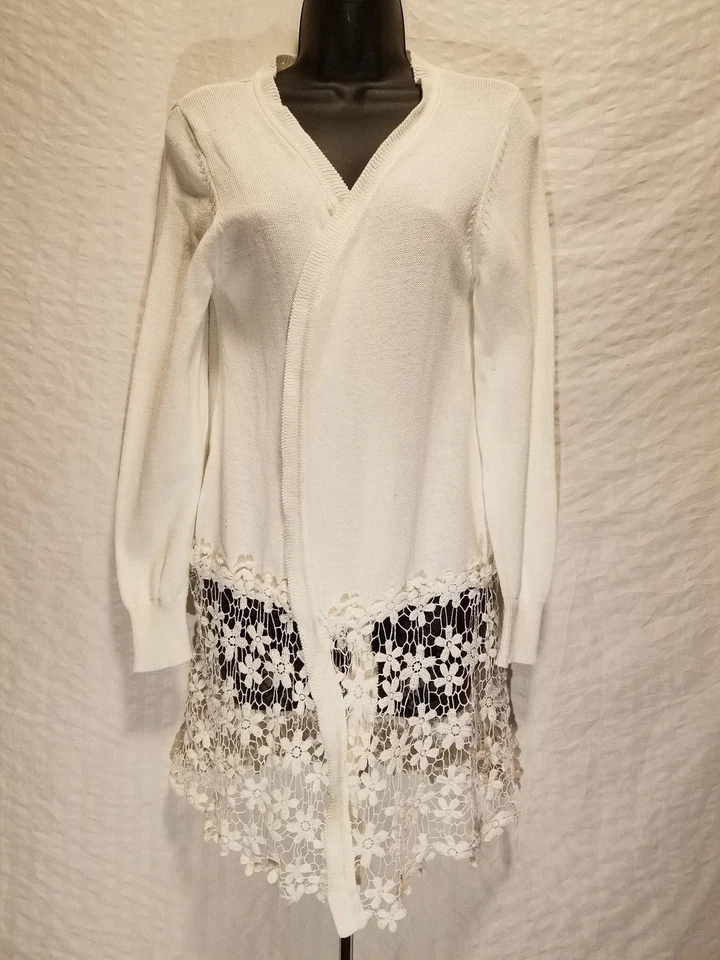 Nueva Colección NY Para Mujer M Mediano Cárdigan Suéter Frente Abierto Borde de Encaje Blanco Foto 4 de 4