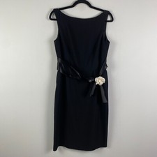 Talbots Satin Sash Black Dress with White Flower Size 8 Black Sleeveless
