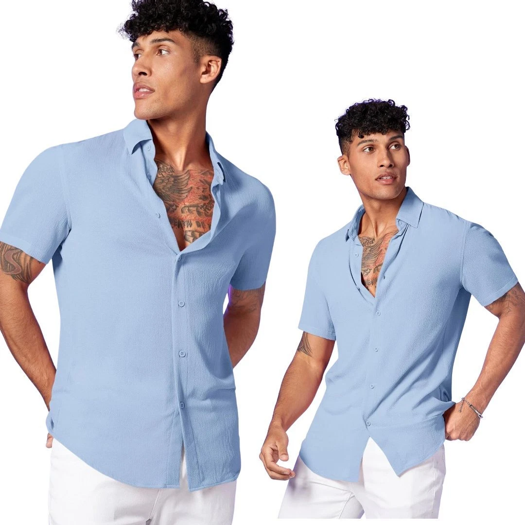 Camisas de Hombre de Vestir de Hilo de Moda Elegantes Para Camisetas Manga  Corta