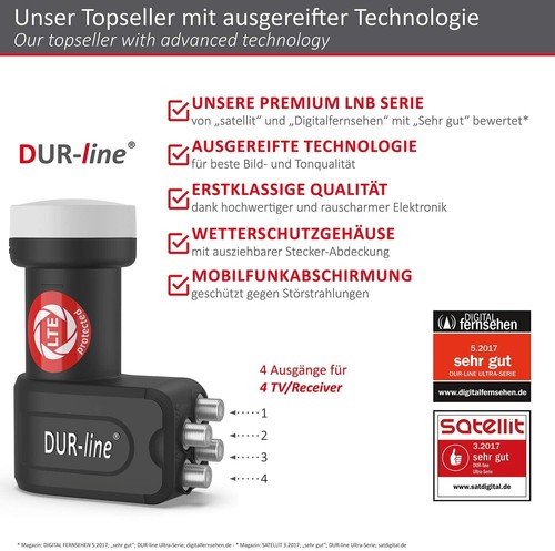 DUR-line + Ultra Premium Quad LNB | 4 participantes, filtro LTE, FullHD, HDTV, 3D 4K - Imagen 3 de 9
