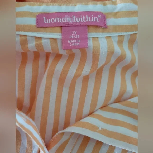 Top de manga larga costera con botones 3/4 a rayas blancas naranja Woman Within talla 2X Foto 3 de 4