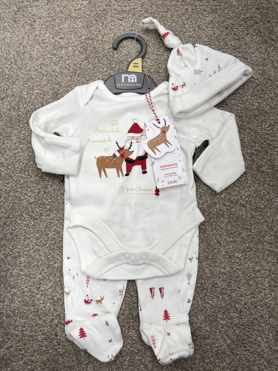 Mothercare My First Christmas Neutral Baby Piece Outfit With Hat