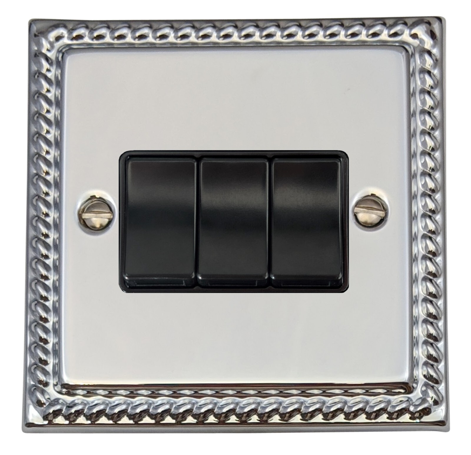 G&H MC3B Monarch Roped Polished Chrome 3 Gang 1 or 2 Way Rocker Light Switch