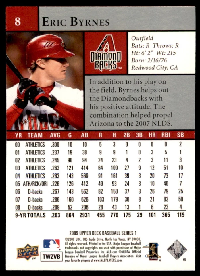 Upper Deck Gold Eric Byrnes 2009/99 Dbacks #8 *Noles2148* Foto 2 de 2