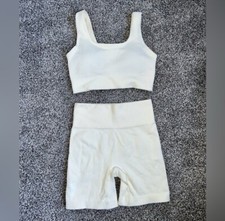 Workout Set 2 Piece Seamless Ribbed Crop Top High Waist Yoga Size Small Beige