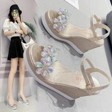 Women Ladies Fashion Wedges Platforms Crystal Floral High Heels Shoes Sandals