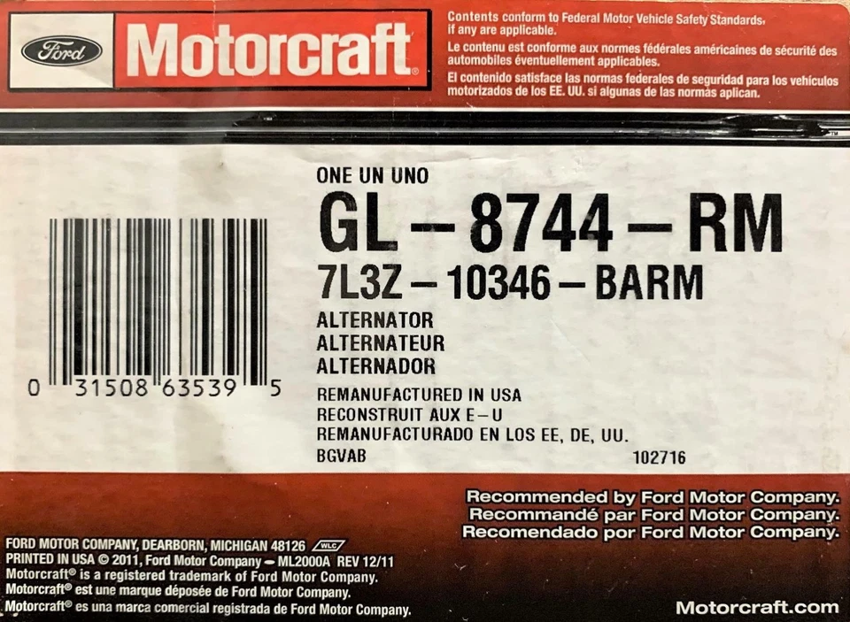 Alternador GL-8744-RM Motorcraft para 2005-2008 Ford F-150 4.2L V6 - Imagem 2 de 4