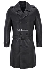 Men's Leather Knee Length Coat Soft Sheepskin Double Breasted Classic Coat 